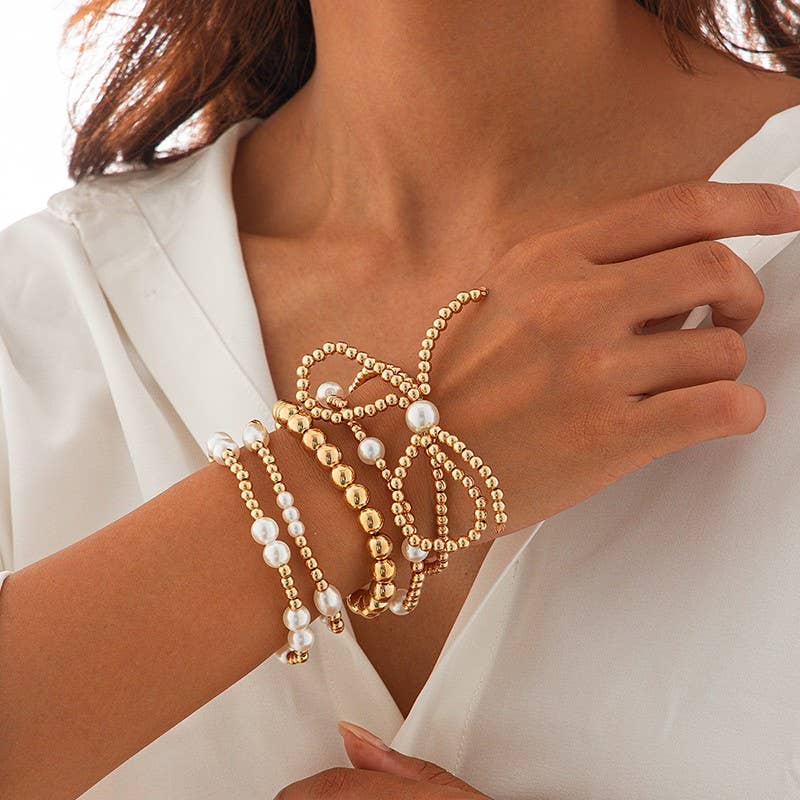 MULTI LAYER BALL CHAIN BEAD PEARL BOW BRACELET | 40B5135: Gold