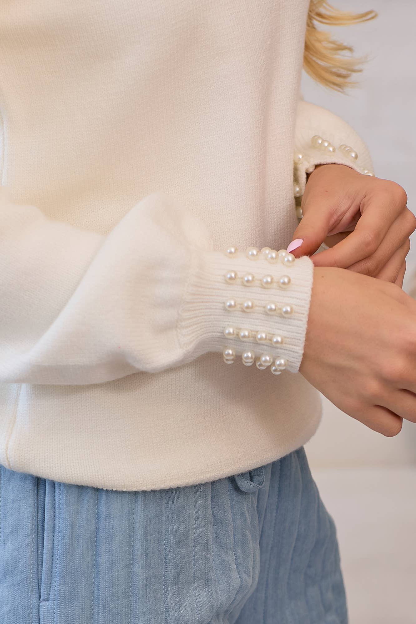 Pearl Trim Mock Neck Sweater