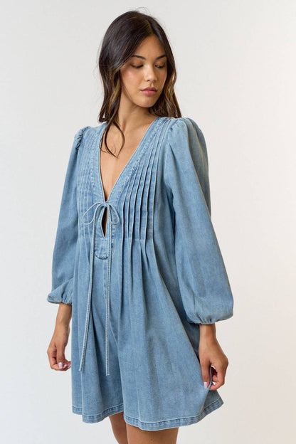 Pleated front tie denim romper W/ POCKETS