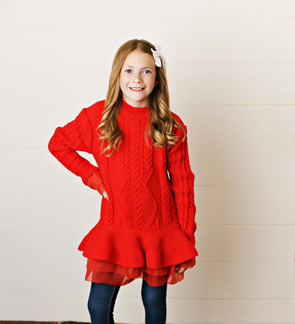 Kids Red Cable Knit & Sheer Skirted Tunic Winter Sweater