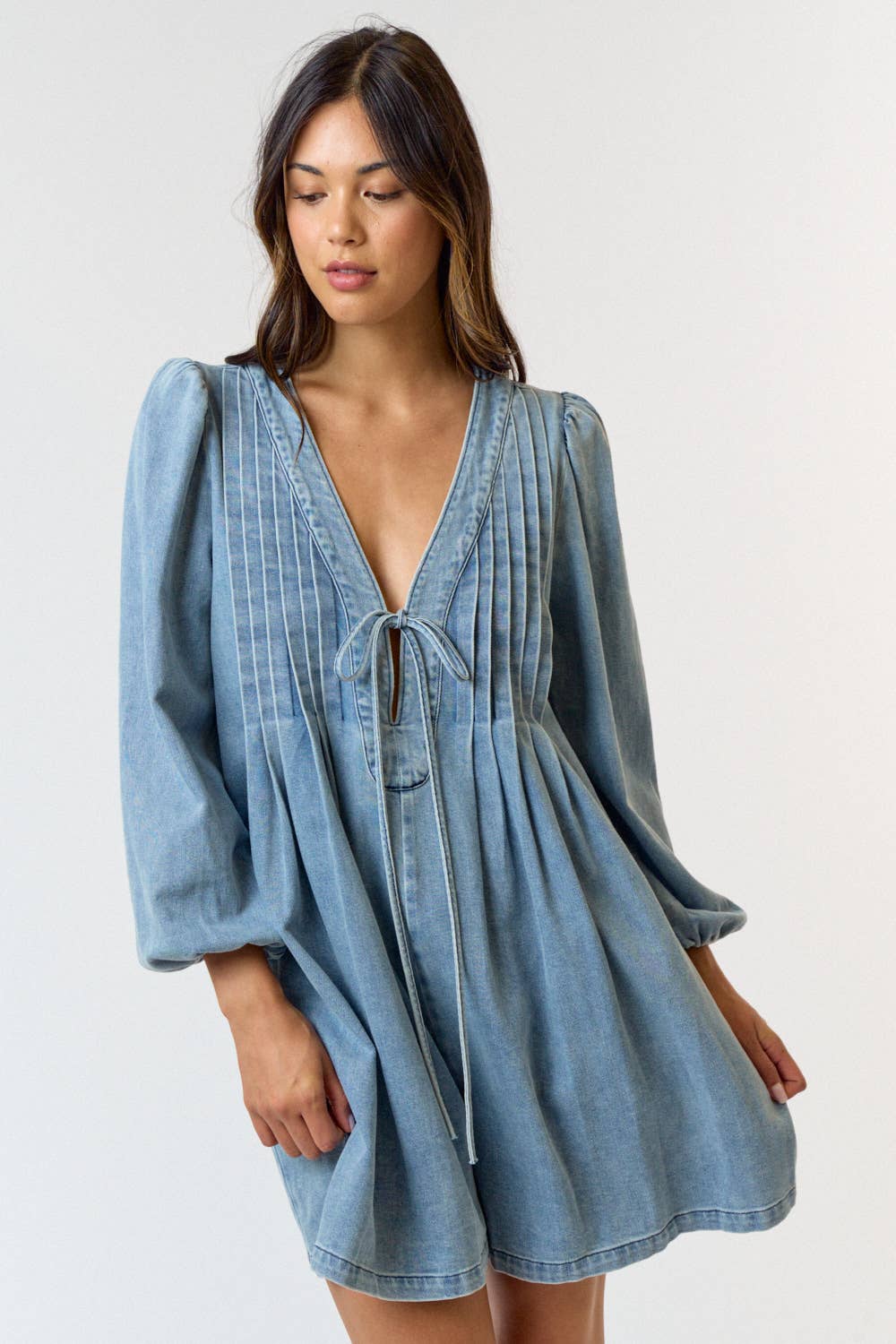 Pleated front tie denim romper W/ POCKETS