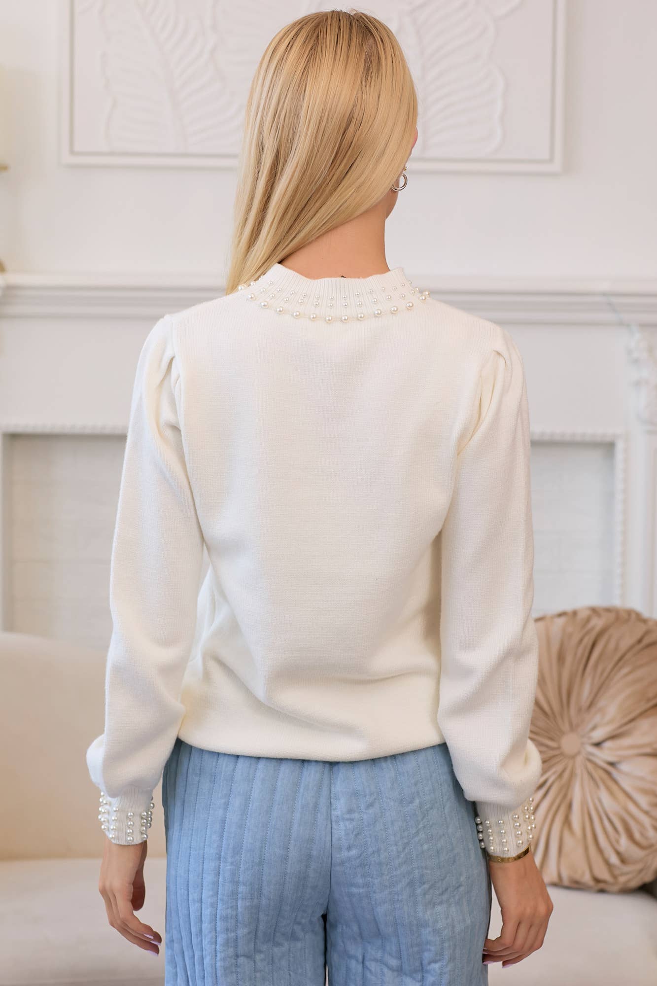 Pearl Trim Mock Neck Sweater