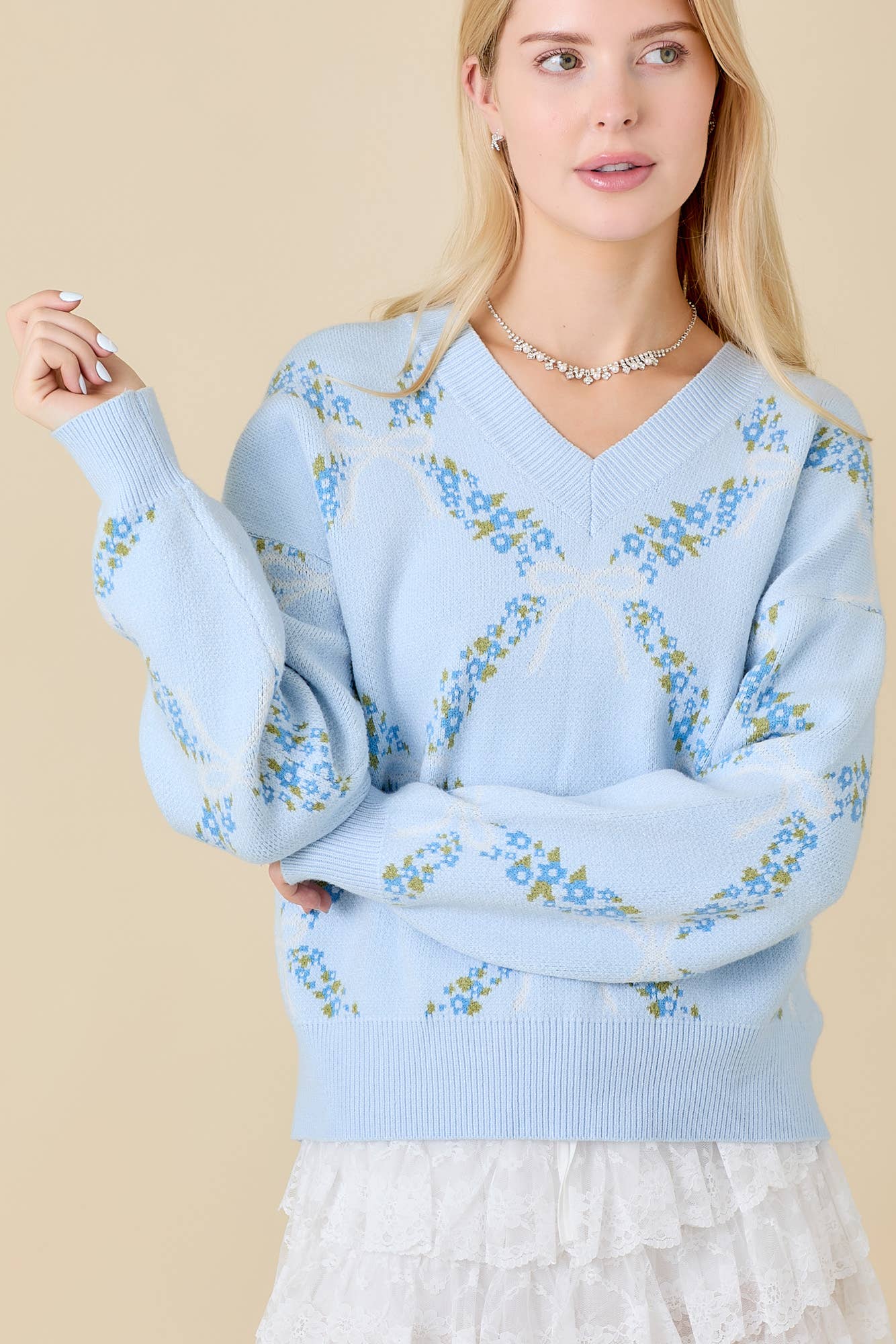 Jacquard V-Neck Sweater With Floral