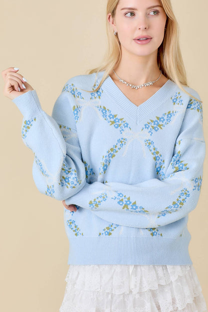 Jacquard V-Neck Sweater With Floral