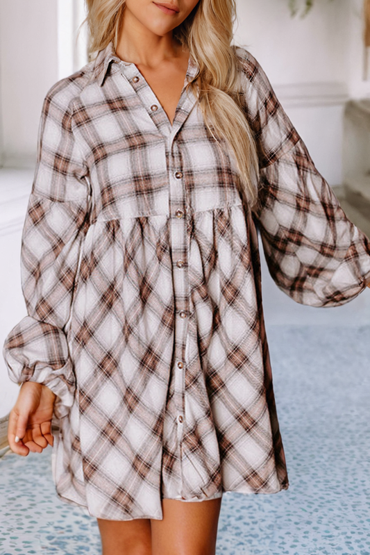 Plaid Bubble Sleeve Flowy Shirt Dress