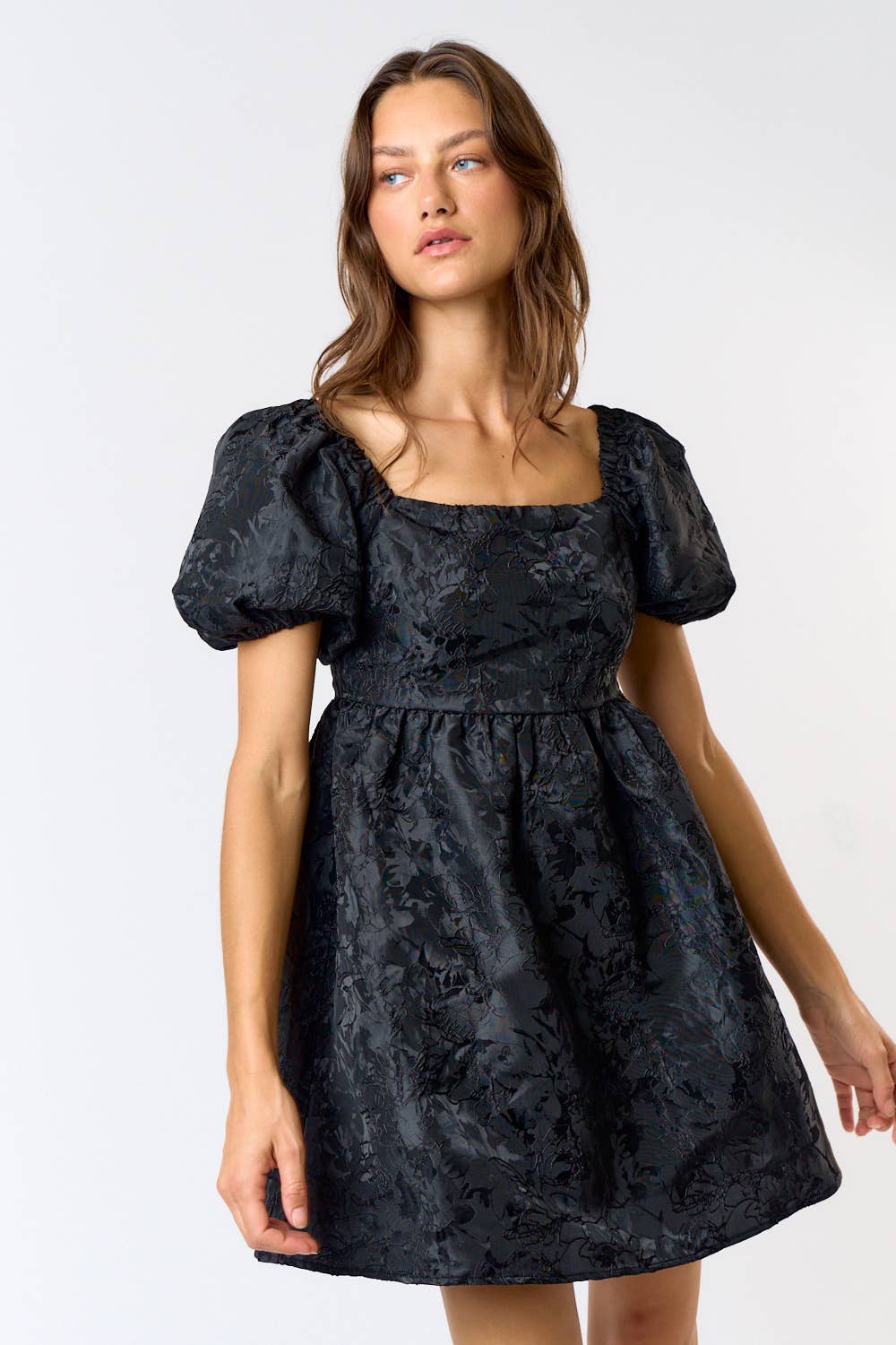 FLORAL JACQUARD PUFF SLEEVE BABYDOLL DRESS