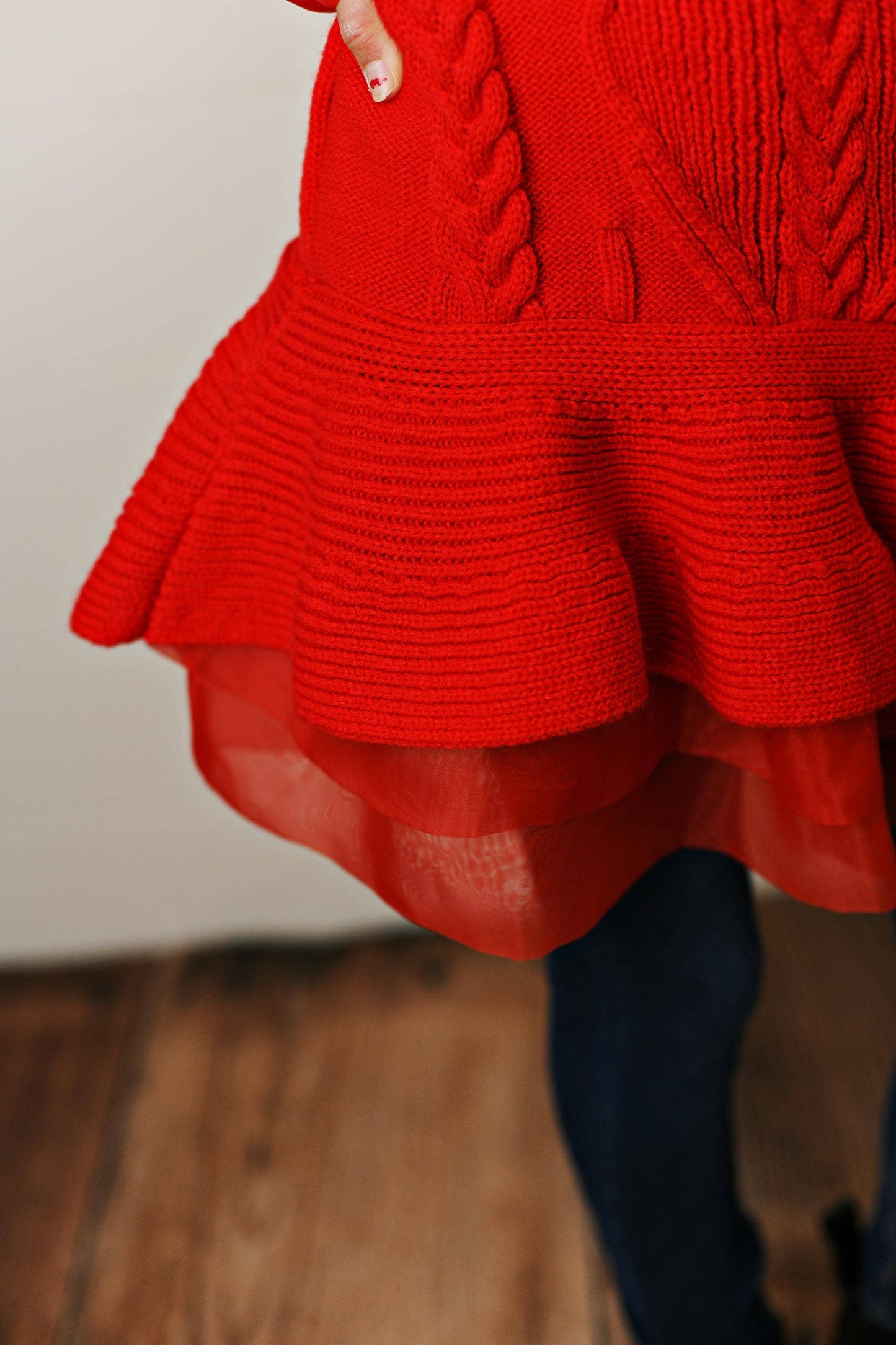 Kids Red Cable Knit & Sheer Skirted Tunic Winter Sweater