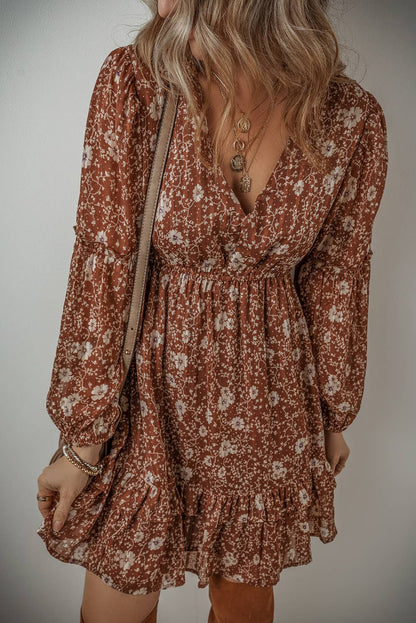 Boho Floral Ruffled Puff Sleeve Dress