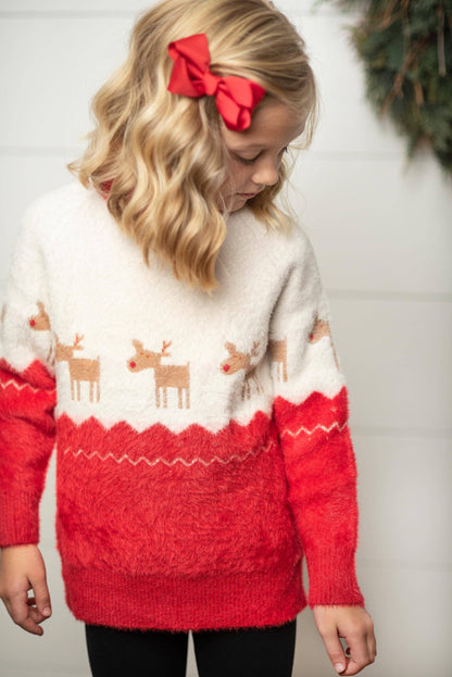 Kids Fuzzy Soft Christmas Holiday ReindeerCrew Neck Sweater