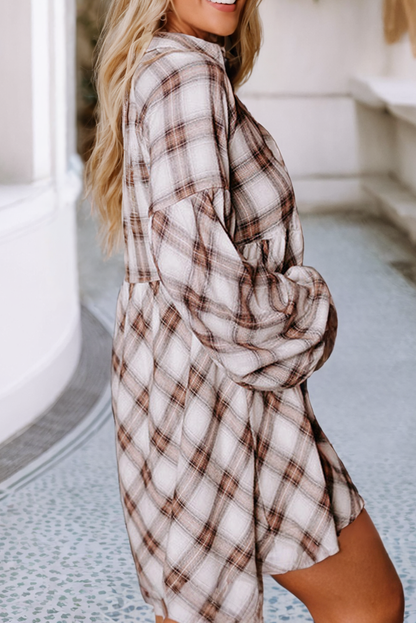 Plaid Bubble Sleeve Flowy Shirt Dress