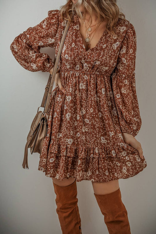 Boho Floral Ruffled Puff Sleeve Dress