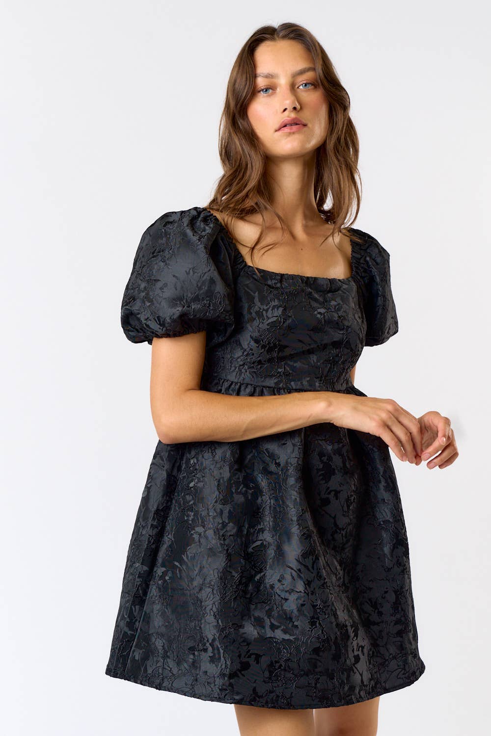 FLORAL JACQUARD PUFF SLEEVE BABYDOLL DRESS