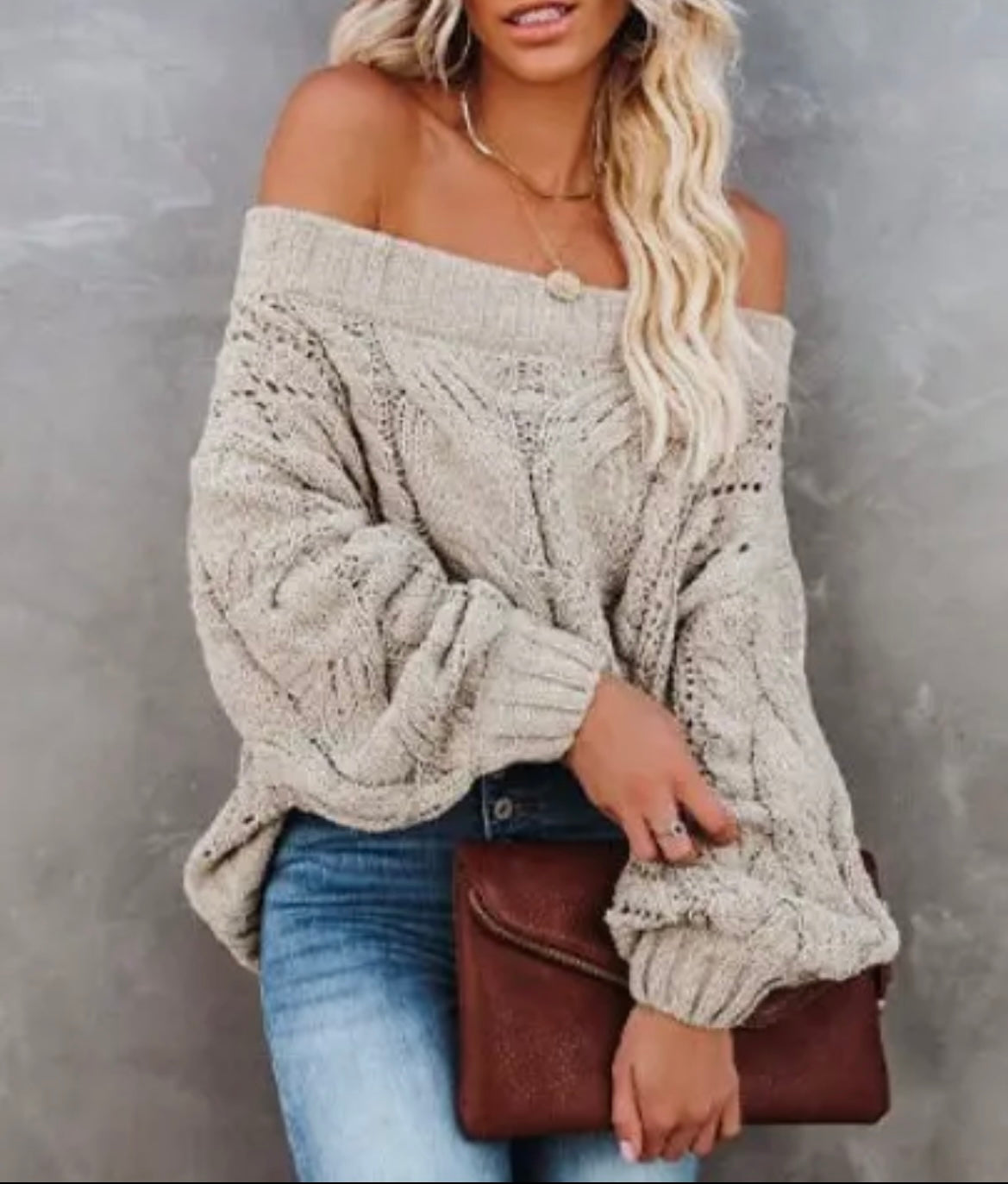 Off shoulder cable sweater