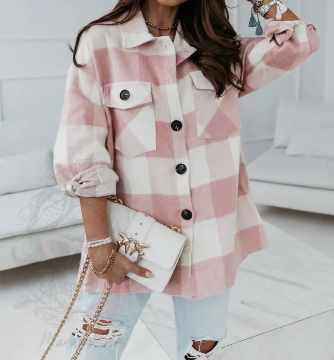 Plaid pink tweed coat