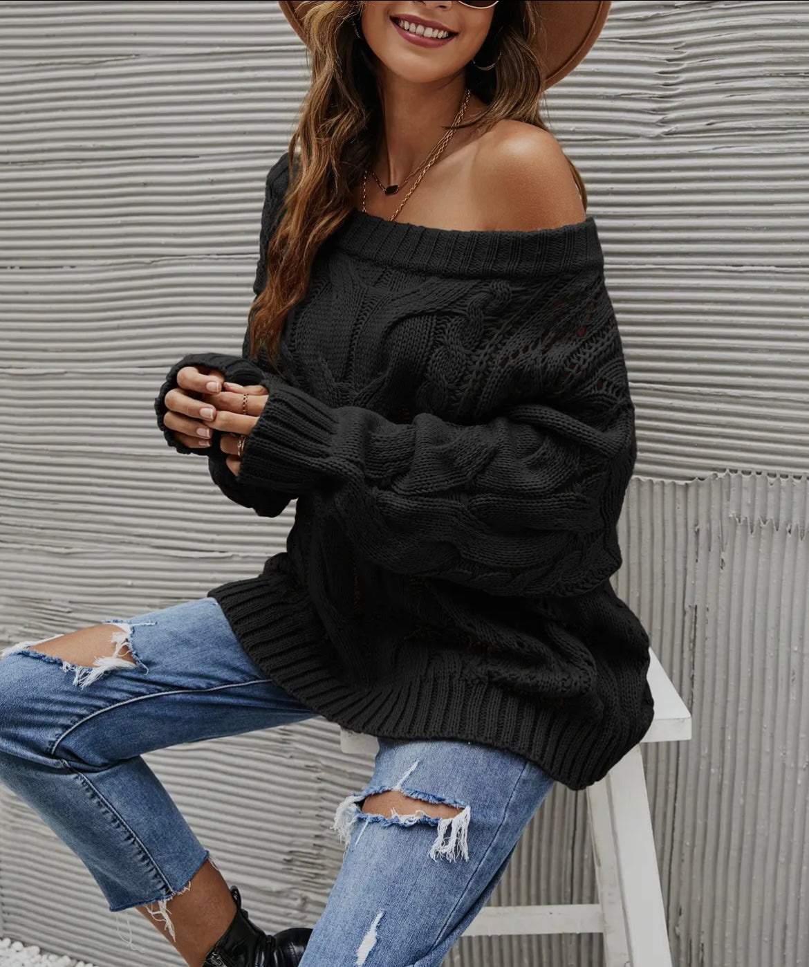 Off shoulder cable sweater