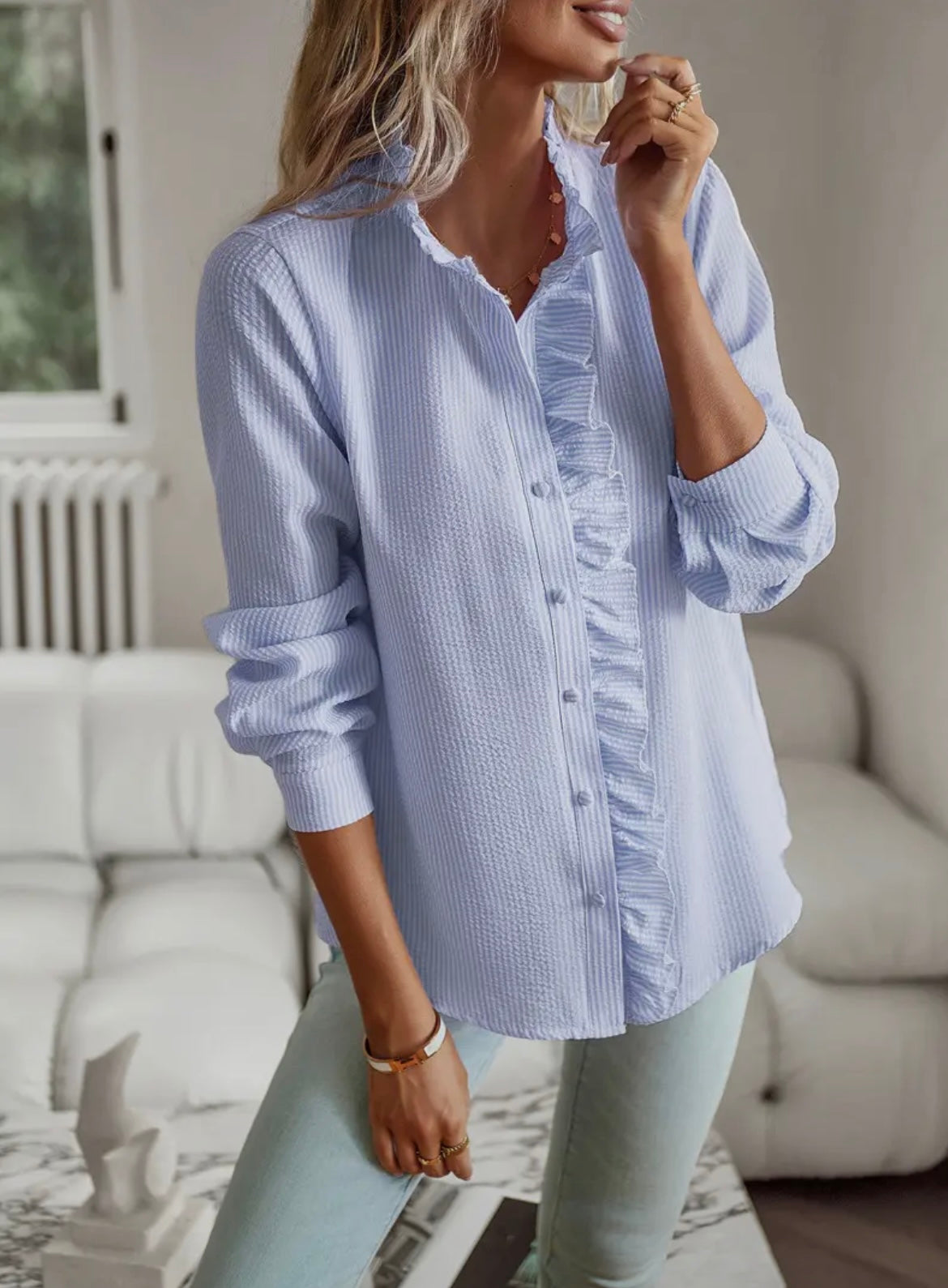 Pin stripped ruffle long sleeve shirt