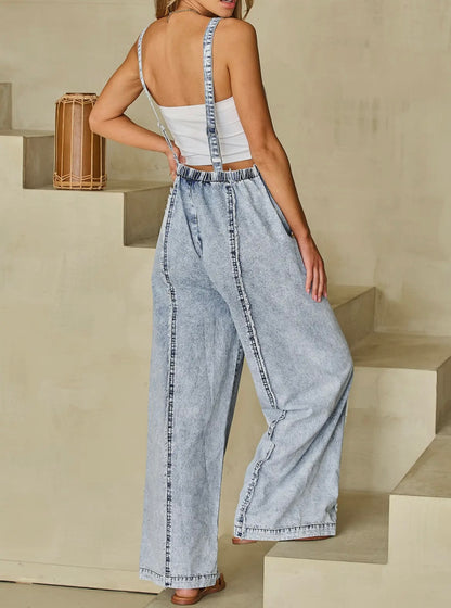 Light wash frayed denim overall