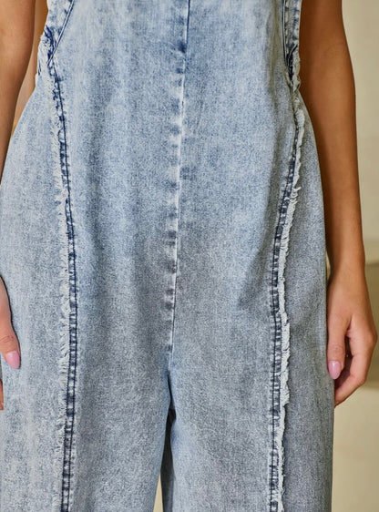 Light wash frayed denim overall