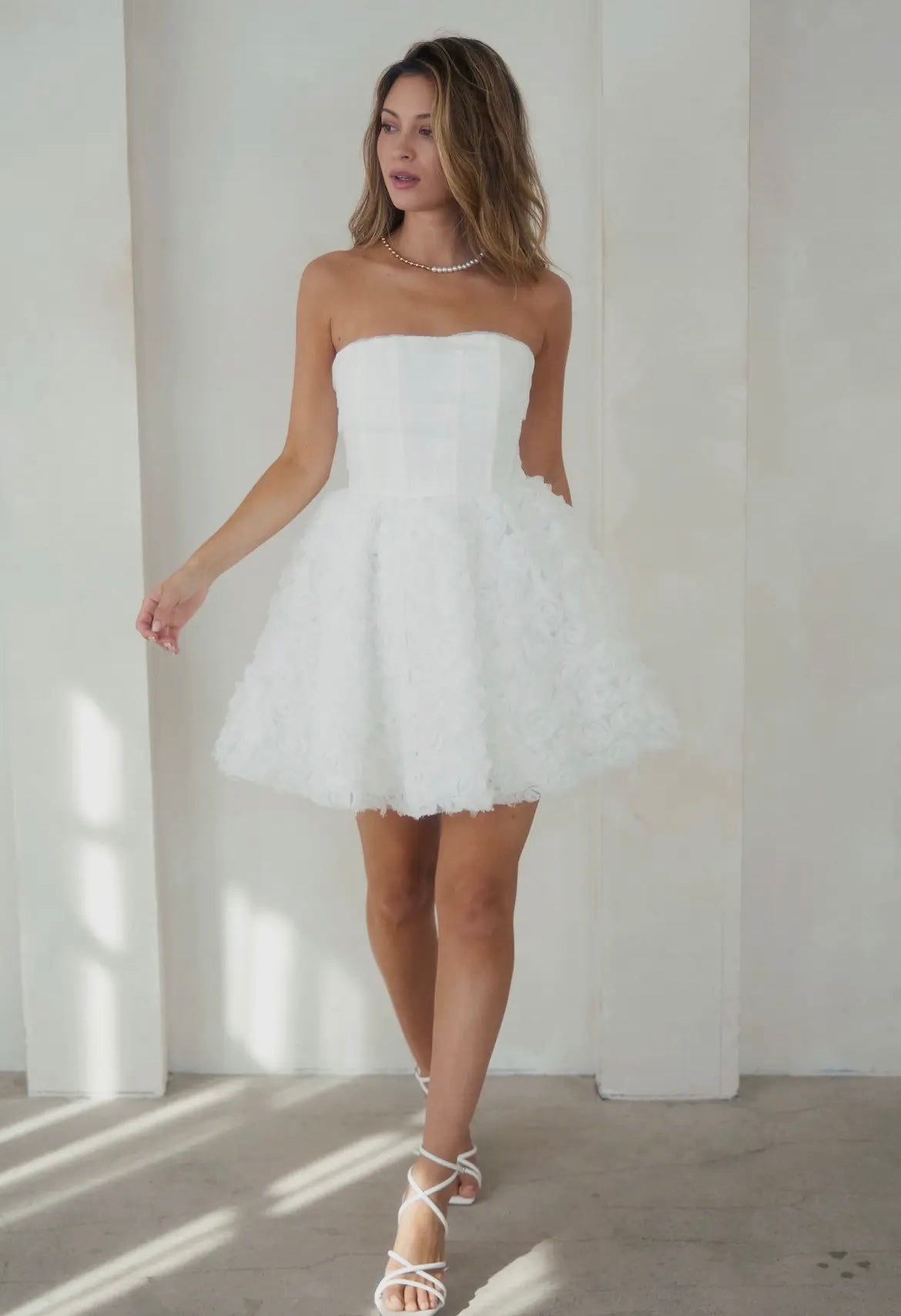 White rosette strapless cocktail dress