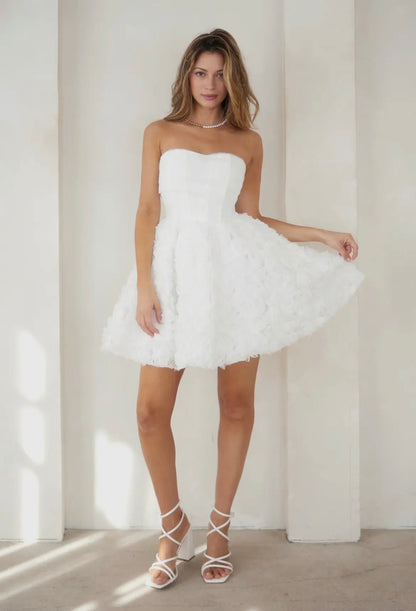 White rosette strapless cocktail dress