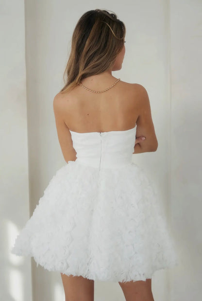 White rosette strapless cocktail dress