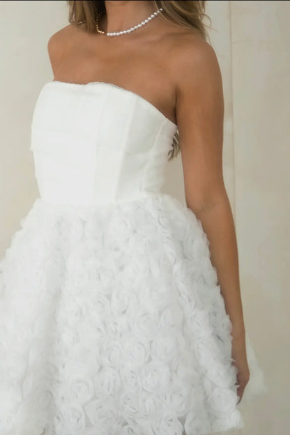 White rosette strapless cocktail dress