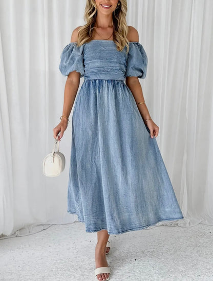 Puff shoulder denim dress