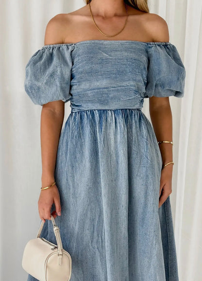 Puff shoulder denim dress