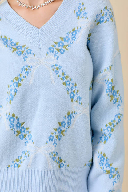 Jacquard V-Neck Sweater With Floral