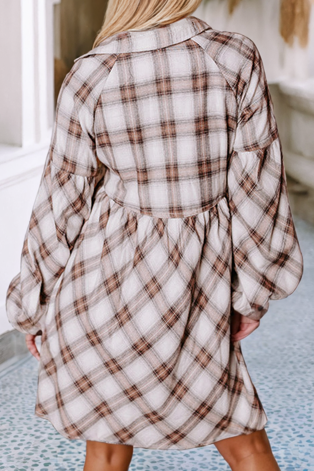 Plaid Bubble Sleeve Flowy Shirt Dress