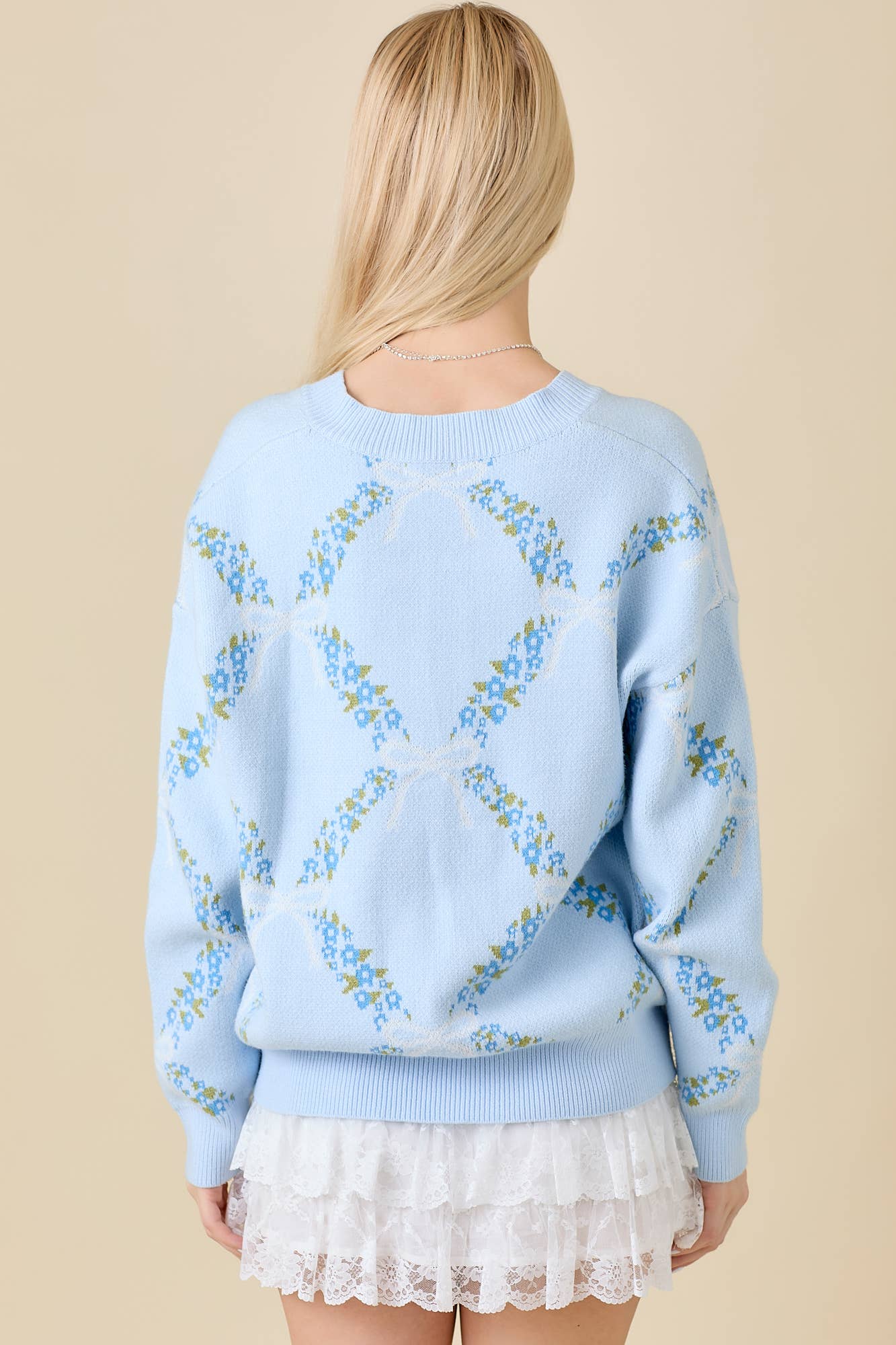 Jacquard V-Neck Sweater With Floral