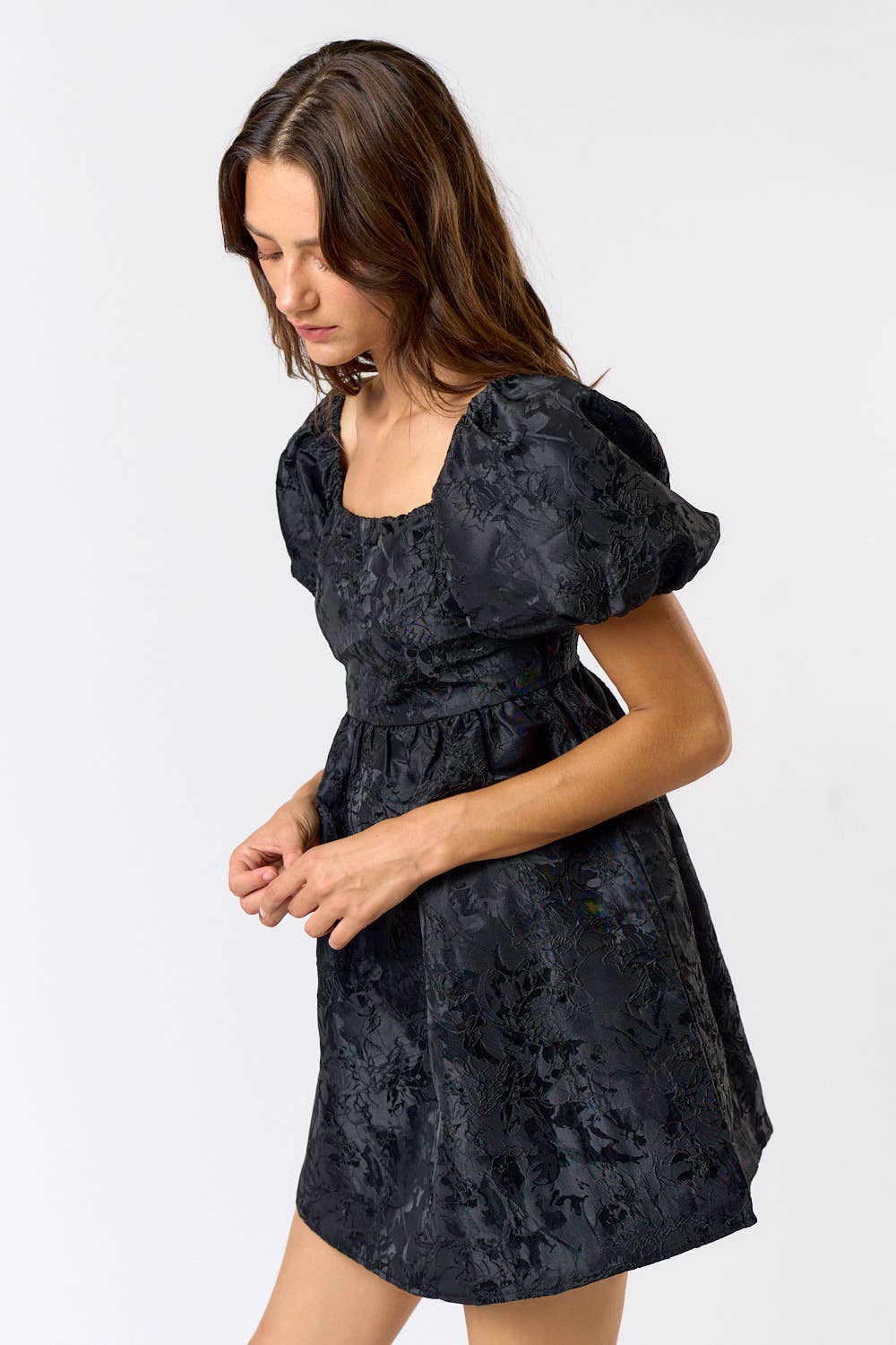 FLORAL JACQUARD PUFF SLEEVE BABYDOLL DRESS