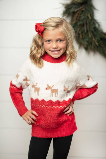 Kids Fuzzy Soft Christmas Holiday ReindeerCrew Neck Sweater